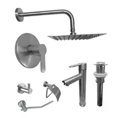 INKORPORAR - Kit Grifería Ducha Monocontrol Acero Inoxidable +Regadera 20Cm+Brazo Redondo +Grifería Mezclador Lavamanos Inox Alta+Desague+Setx3 Accesorios