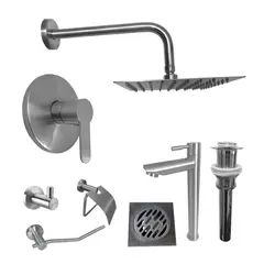 INKORPORAR - Kit Grifería Ducha Monocontrol Acero Inoxidable+Regadera 20Cm+Brazo Ducha+Grifería Lavamanos Agua Fria Alta+Desague+Rejilla Sifon 10X10+Setx3 Accesorios