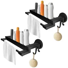 ENERGY PLUS - Set X2 Estantes Organizadores de Baño Adhesivo Con Toallero Negro