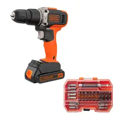 BLACK+DECKER - Taladro 3/8 Pulgada Percutor 20v 2 Velocidades Vvr + Set De Puntas Black And Decker