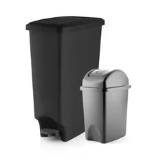 ESTRA - Set de 2 Canecas Plásticas Pedal 42 Litros Negro + Caneca Vaivén 10 Litros Gris