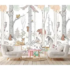 undefined - Papel Tapiz Infantil De Seda Diseño De Árboles Y Animales