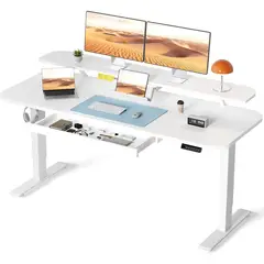 COMHOMA - Escritorio Eléctrico Blanco con Cajón y Soporte para Monitor