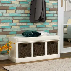 MERAX - Banco Blanco con Cestas de Mimbre y Cojín Acolchado para Entrada o Pasillo
