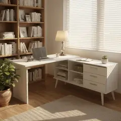 MADESA - Escritorio Esquinero Blanco Lisboa de 3 Cajones para Estudio u Oficina