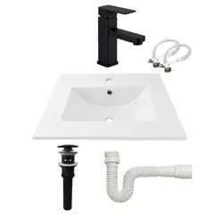 CCOL - Combo Lavamanos Placa De 60X40 Cm Blanco+Grifería Mezclador Negra+Desague Push Negro