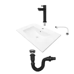 CCOL - Combo Lavamanos Placa De 60X40 Cm Blanco+Grifería Agua Fria Negra+Desague Push Negro
