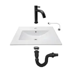 CCOL - Combo Lavamanos Placa De 60X40 Cm Blanco+Grifería Agua Fria Negra+Desague Push Negro