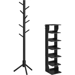 VASAGLE - Zapatero Vertical con Perchero de Madera para Entrada Moderna