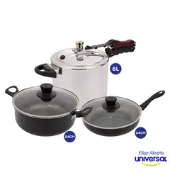 UNIVERSAL - Combo Olla a Presión Tradicional en Aluminio 6 Litros Plateado + Sartén en Aluminio con Recubrimiento Interior Antiadherente Mango en Baquelita 24cm 1.9 Litros + Olla en Aluminio con Recubrimiento Interior Antiadherente Pomo en Plástico 4.1 Litros