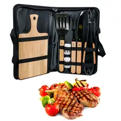 52 BITS - Kit Para Asados Parrillada BBQ 5 Piezas Con Estuche