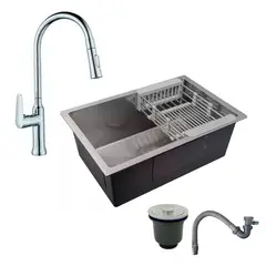 GRIFOS CENTER - Combo Lavaplatos 70*45Cm+Griferia Extraible Cromo+Accesorios