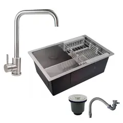GRIFOS CENTER - Combo Lavaplatos 70*45Cm+Griferia Plata Cuello 7+Accesorios