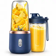 52 BITS - Mini Licuadora Pórtatil Doble Vaso 400ml Recargable Azul Ideal Para Granizados 110 V 19.7 cm