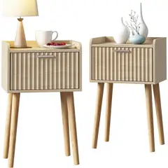 undefined - Mesa de Noche Naturales con Puerta Acanalada y Patas de Madera