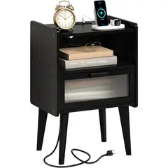 undefined - Mesa de Noche Negra con Carga USB Puerta de Vidrio y Almacenamiento