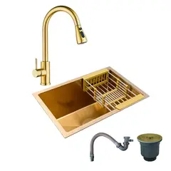GRIFOS CENTER - Combo Lavaplatos 51*45cm+griferia Lvp Oro Extraible Cepillado+accesorios