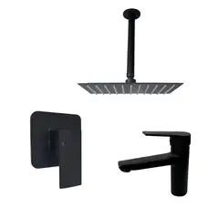 INKORPORAR - Kit Grifería Ducha Monocontrol Miness Negro +Regadera 20Cm+Brazo Techo+Grifería Mezclador Lavamanos Nott Baja