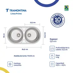 TRAMONTINA - Lavaplatos Prime Doble Luna de Acero Inoxidable 84x44 cm