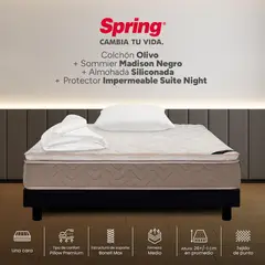 SPRING - Colchón Olivo Semidoble 120x190 cm + Base Madison Negra + 1 Almohada Siliconada + Protector
