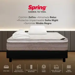 SPRING - Colchon zefiro sencillo 100x190 cm + base niebla negra + 1 almohada relax + protector