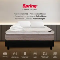 SPRING - Colchon zefiro doble 140x190 cm + base niebla negra + 2 almohadas relax + protector