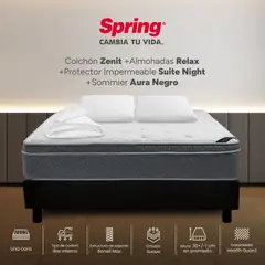 COLCHONES SPRING - Colchon spring zenit doble 140x190 cm + base aura negra + 2 almohadas relax + protector