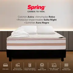 SPRING - Colchon astra doble 140x190 cm + base aura negra + 2 almohadas relax + protector