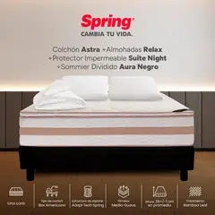 SPRING - Colchon astra king 200x200 cm + base aura negra + 2 almohadas relax + protector