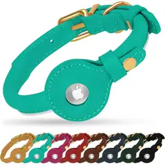 undefined - Collar De Cuero Para Perro Con Soporte Airtag Reflectante Verde Azulado