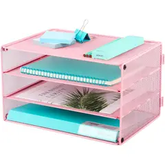 undefined - Organizador de Escritorio Rosa de Metal con Tres Niveles de Malla
