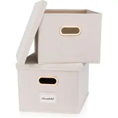 undefined - Caja Organizadora de Archivos Plegable de Lino Marfil con Asas Metálicas
