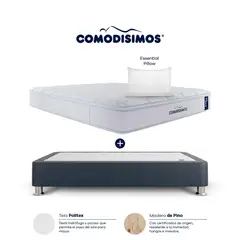 COMODISIMOS - Colchón con Base Cama Gris Queen Suave Ortopédico Resortado Soft Motion 160x190 cm + 2 Almohada base Cama Divida