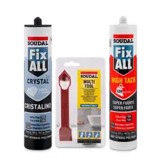 SOUDAL - Sellador Fix All Crystal 290 ml + Sellador Fix All High Tack 290ml Con Espátula Raspador Multitool Gratis