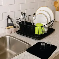 JUST HOME COLLECTION - Escurridor de Platos + Paño + Soporte Colgante Negro 32x14x36 cm