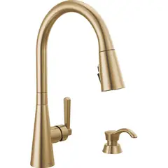 DELTA - Grifo De Cocina Dorado Con Rociador Desplegable Y Dispensador De Jabón