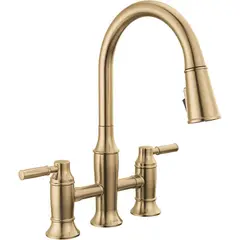 DELTA - Grifo De Cocina Dorado Con Rociador Extraíble Y Puente De Tres Agujeros