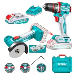 TOTAL TOOLS - Taladro Inalámbrico 1/2" Mini Pulidora 2 Baterías 2Ah Cargador 7 Discos 47 Accesorios