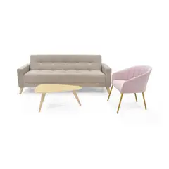 HOGAR VENECIA - Sala con sofa cama reclinable sahara taupe y poltrona misaki rosa + mesa centro drop miel