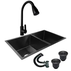 GRIFOS CENTER - Combo Lavaplatos Doble 77*45cm+ Griferia Lvp Negra 1912+ Acc