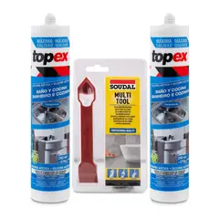 TOPEX - Pack 2 Unidades de Silicona Baño y Cocina Transparente + Accesorio Raspador de Silicona