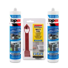 TOPEX - Pack 2 Unidades de Silicona Baño y Cocina Blanco + Accesorio Raspador de Silicona