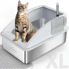 undefined - Caja De Arena De Acero Inoxidable Para Gatos Con Tapa Antifugas Y Alfombrilla Incluida