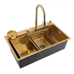 ZERRUTTI - Lavaplatos Moderno Dorado Acero Inoxidable Con Grifería y Cascada