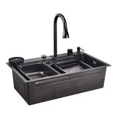 ZERRUTTI - Lavaplatos Moderno Negro Acero Inoxidable Con Grifería y Cascada