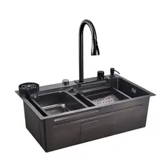 ZERRUTTI - Lavaplatos Moderno Negro 65 cm Acero Inoxidable Grifería y Cascada