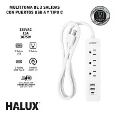 HALUX - Multitoma 3 Salidas P/t Con 3 Puertos USB Tipo a y C