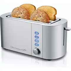 ELITE GOURMET - Tostadora 4 Rebanadas Acero Inoxidable Ranura Larga 1650W