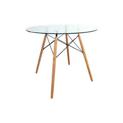 undefined - Mesa Redonda de Vidrio 4 Puestos Base Madera Moderna