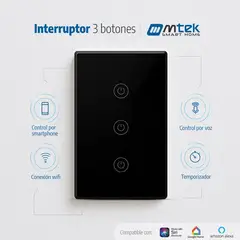 MTEK - Interruptor Inteligente 3 Botones Wi-Fi Negro